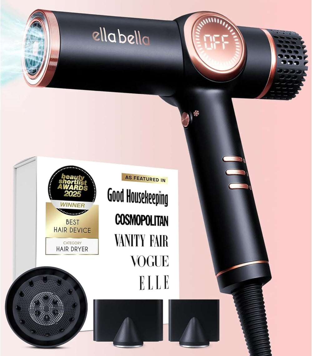 ELLA BELLA ionic hair dryer with diffuser front view delivering salon-like results at home.