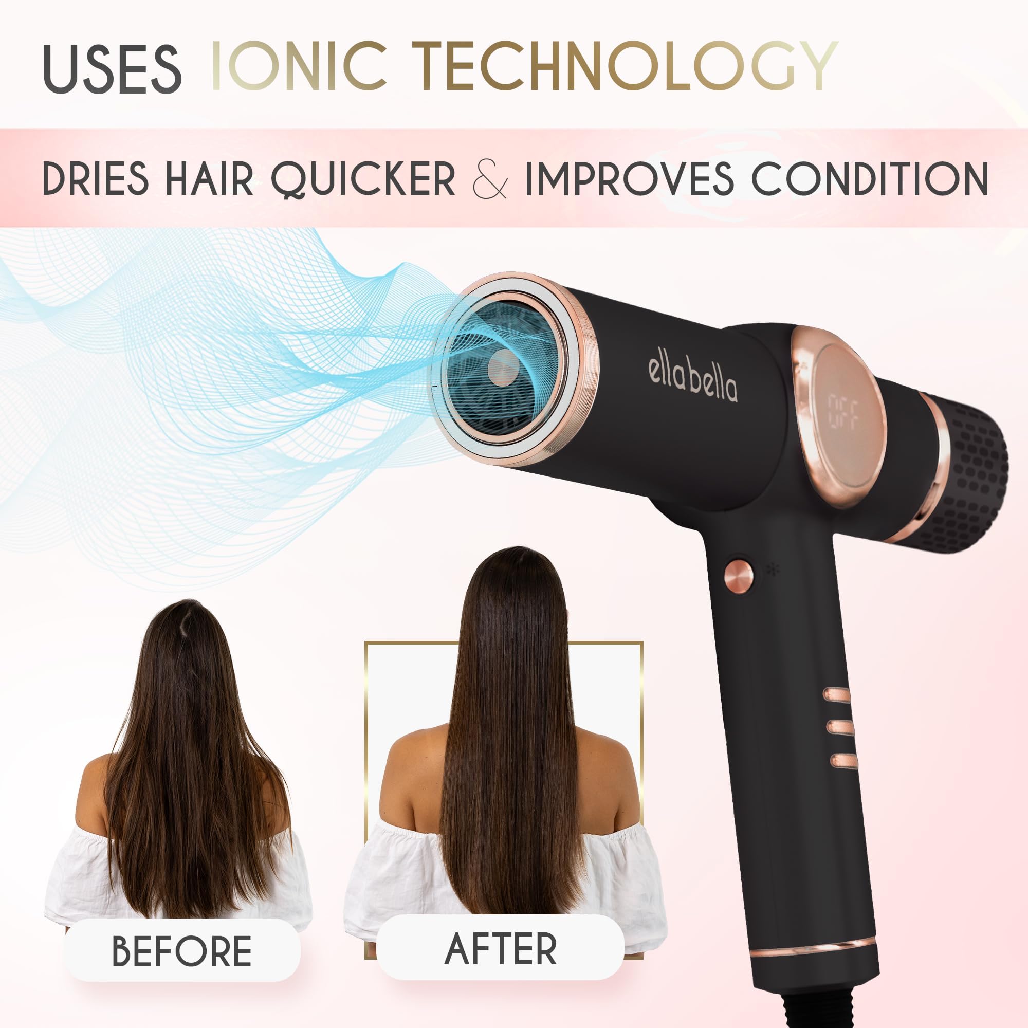 ELLA BELLA professional dryer side profile highlights its lightweight, comfortable grip for easy styling.