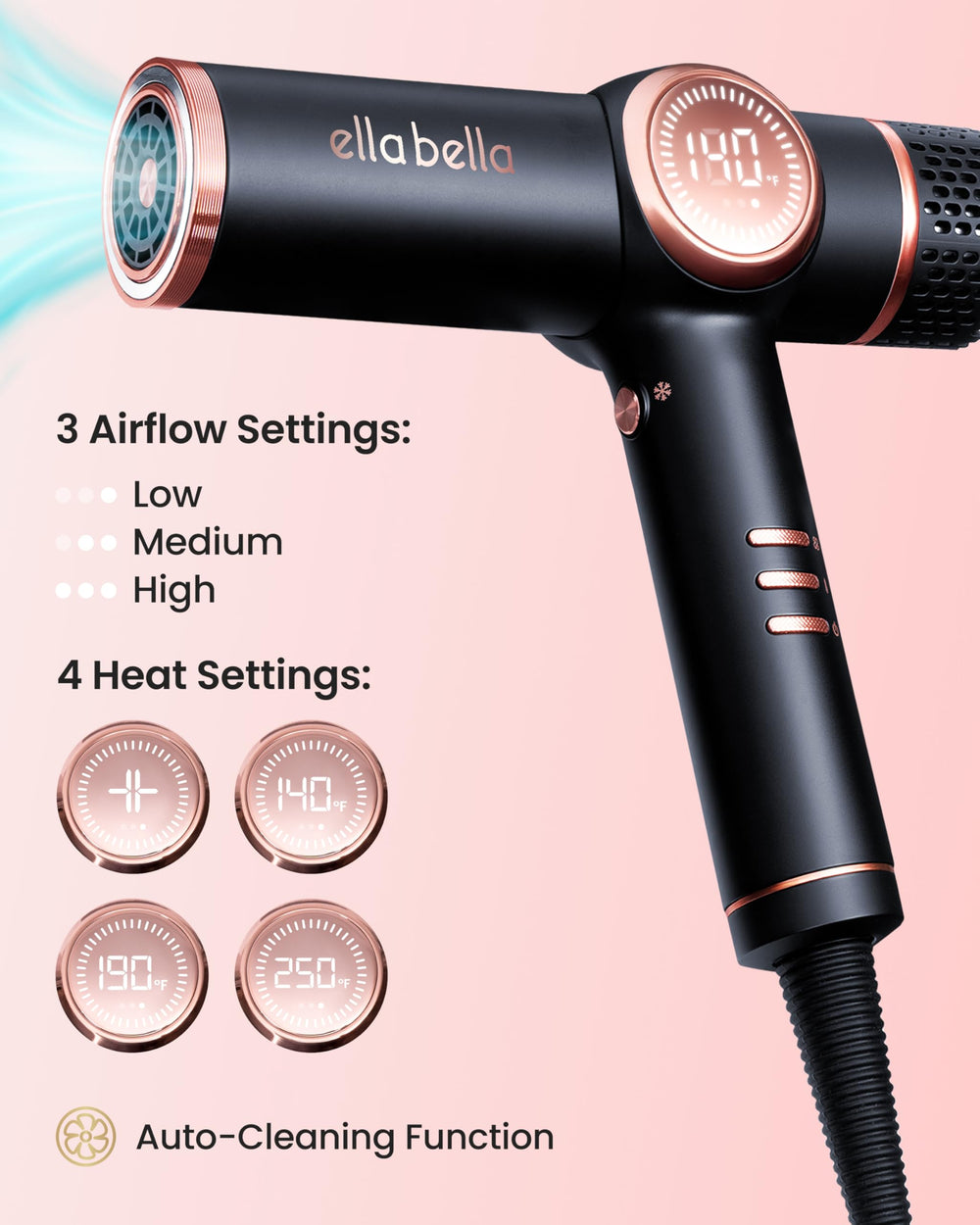 ELLA BELLA hair dryer low-noise operation for quiet mornings