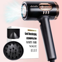 ELLA BELLA professional smart plasma dryer with diffuser in-use for smooth, frizz-free styling.