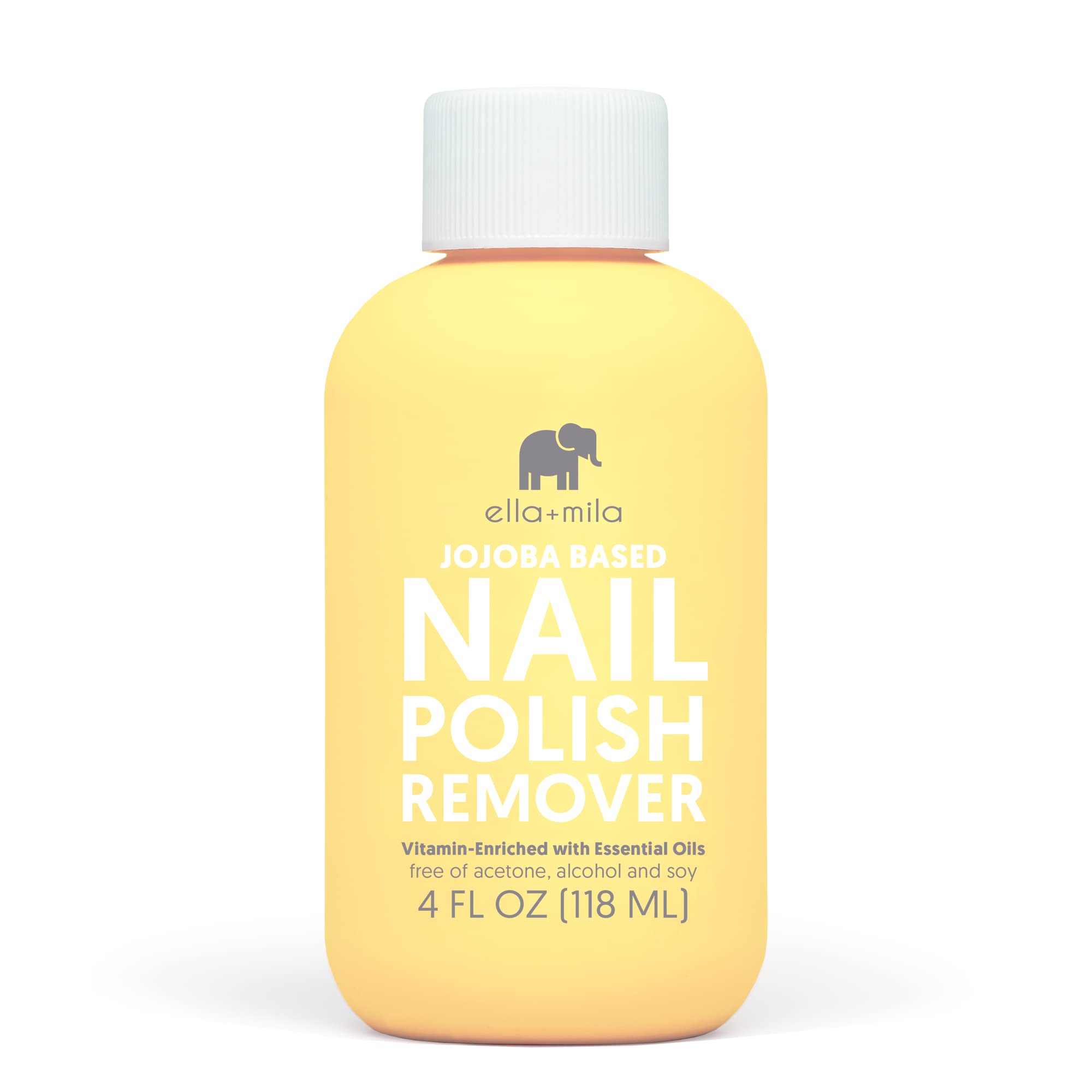 ella+mila jojoba nail polish remover bottle shows gentle non-acetone formula for natural nails