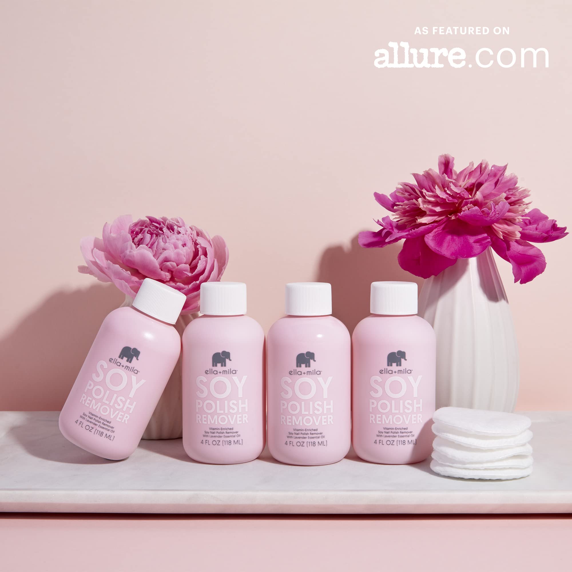ella+mila bottle label highlights alcohol-free and acetone-free formula