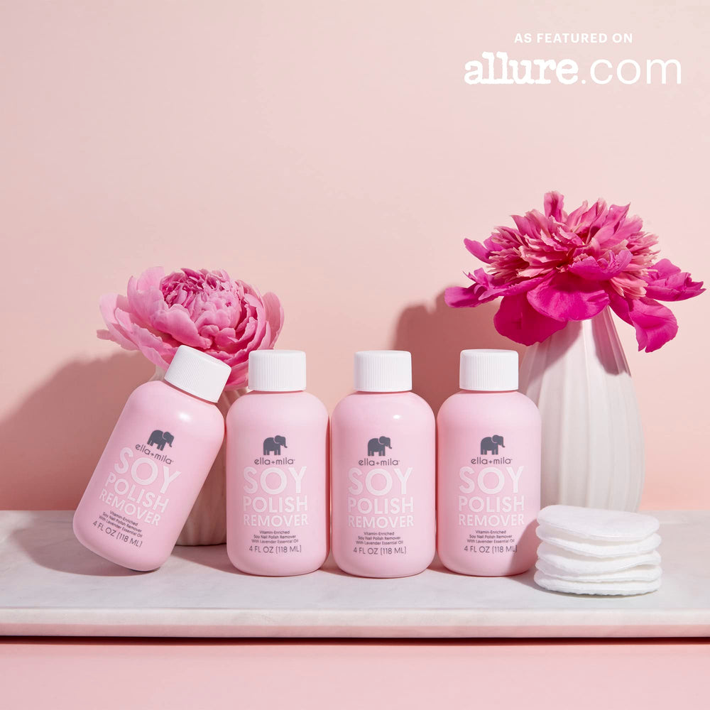ella+mila bottle label highlights alcohol-free and acetone-free formula
