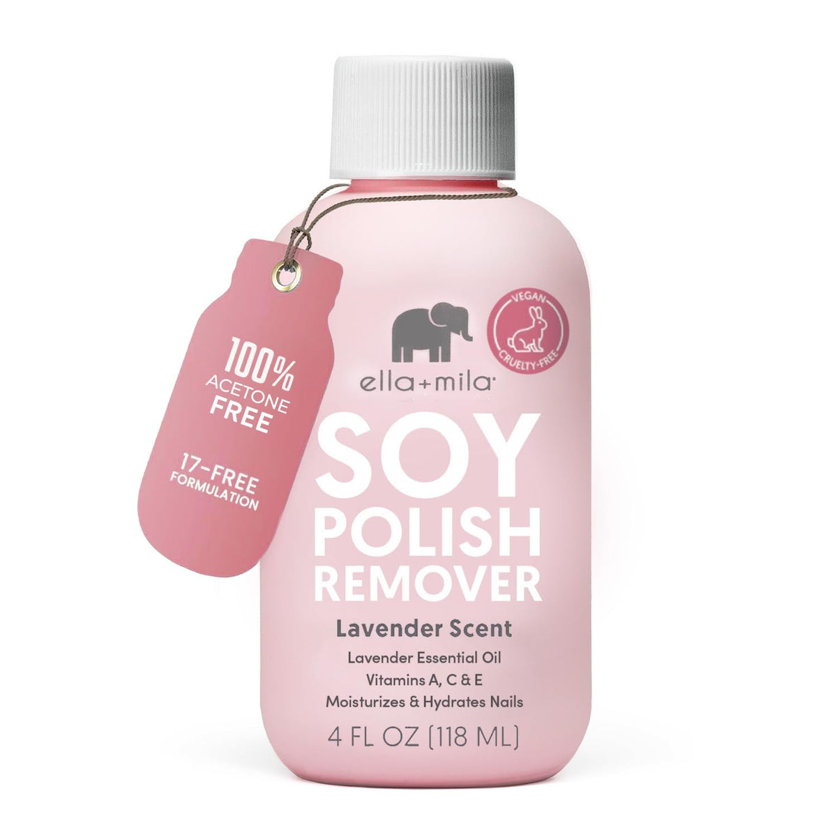 ella+mila soy nail polish remover bottle demonstrates non-acetone, gentle removal for healthy nails