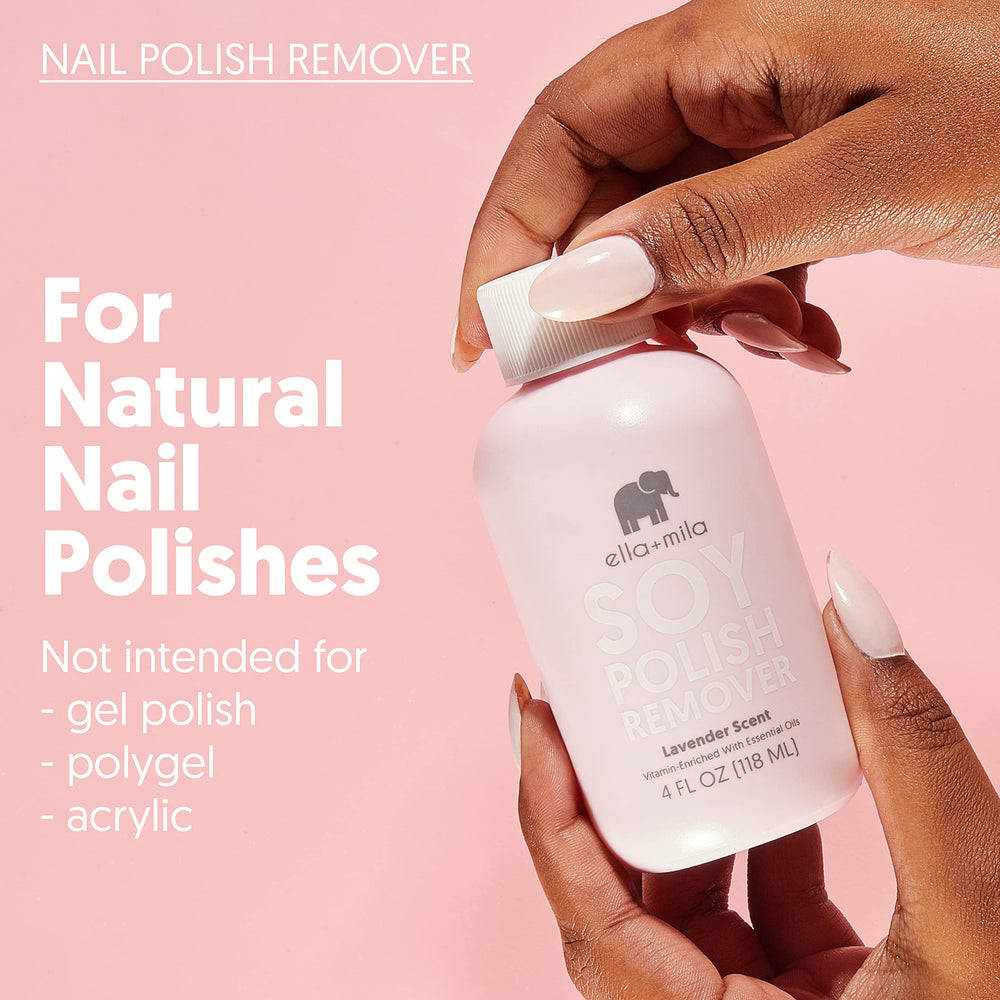 ella+mila non-acetone formula close-up communicates gentle care for nails