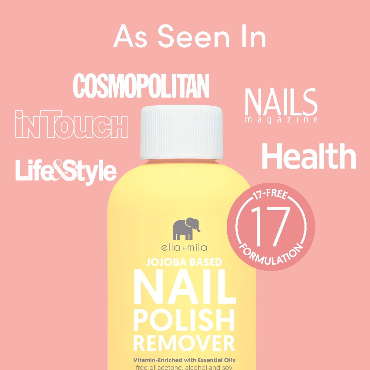 ella+mila vitamin A C E ingredients close-up for nourishing polish remover