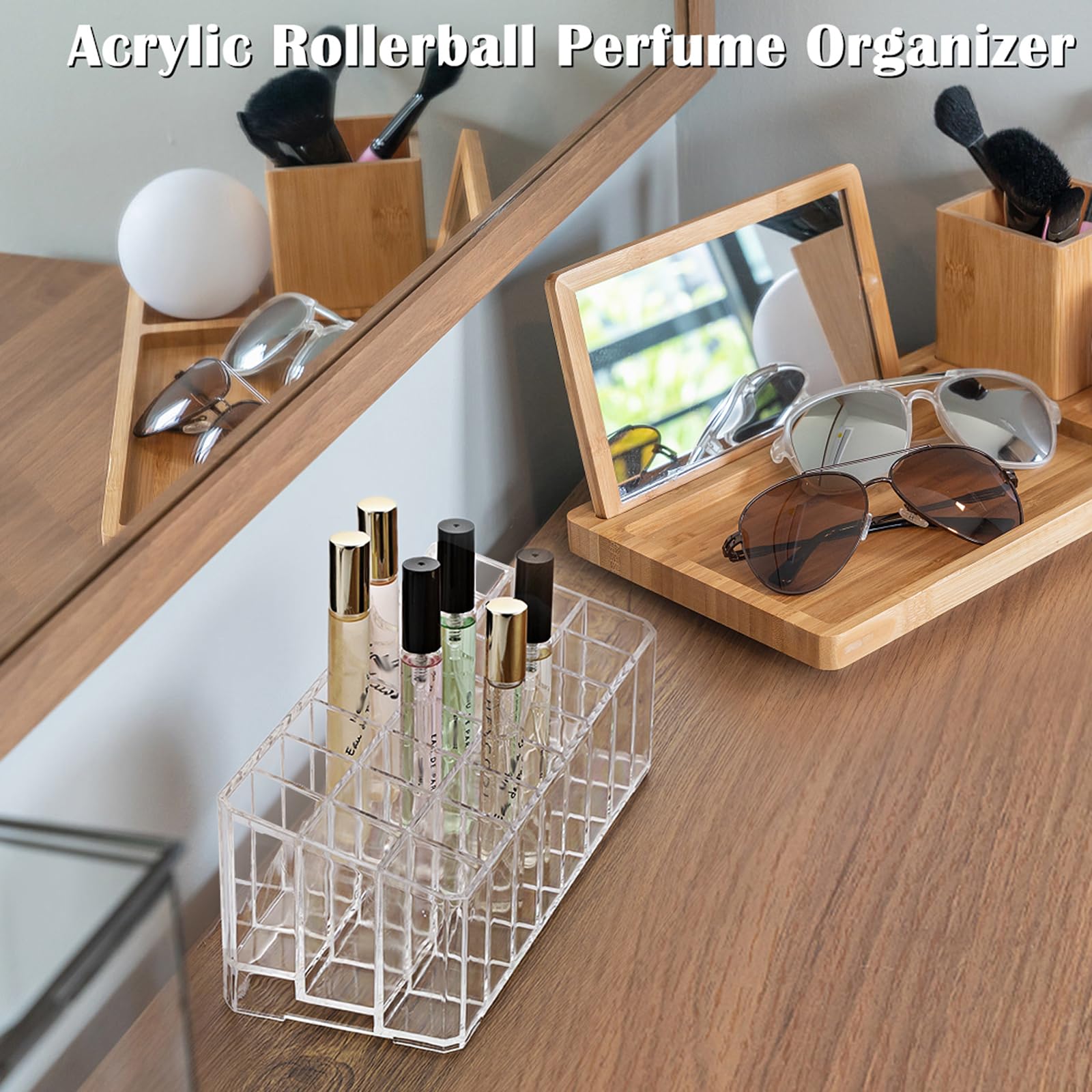 ELLDOO rollerball perfume organizer side view highlighting compact vanity-friendly profile.