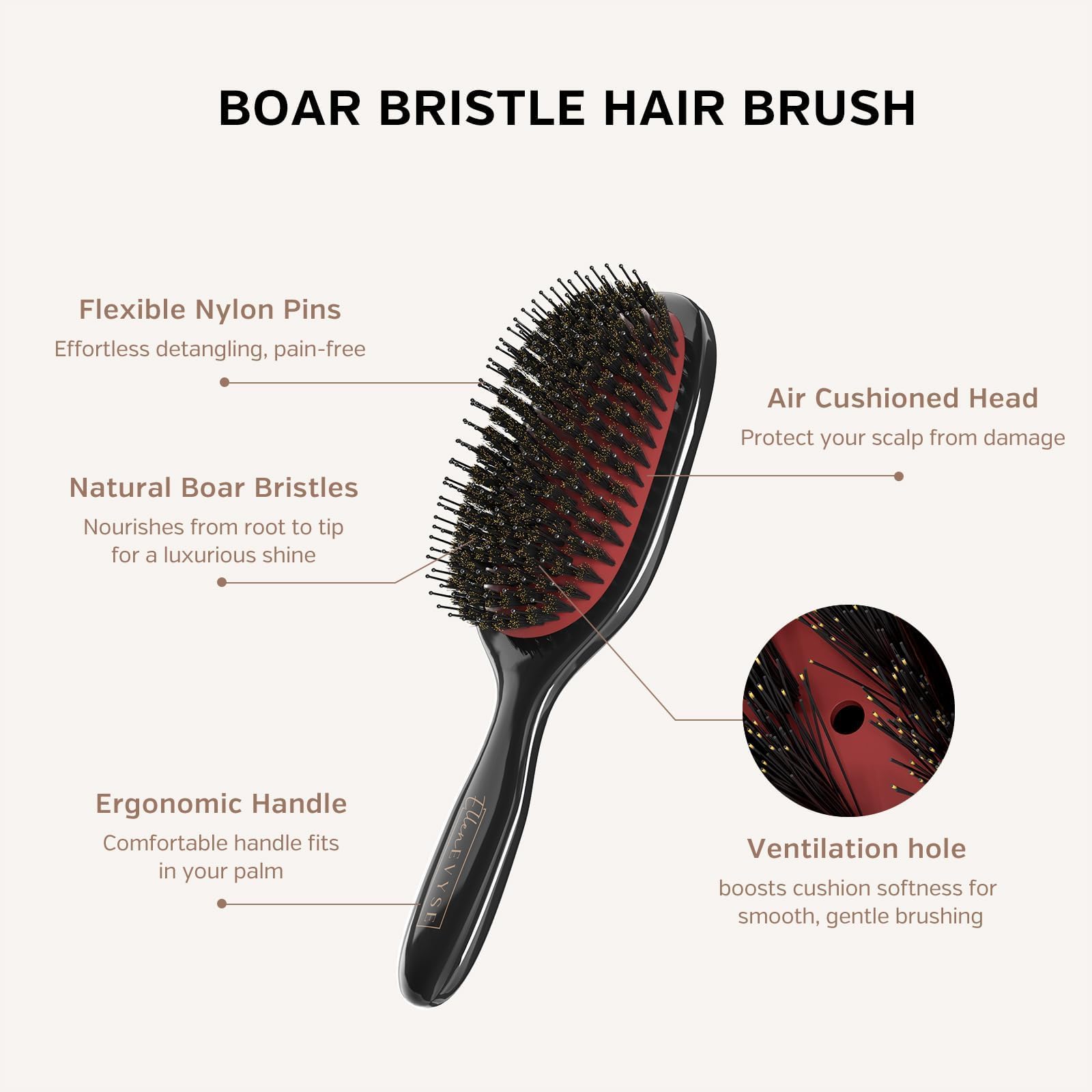 Ellen Evyse brush with nylon pins and boar bristles nourishes and helps tame frizz.