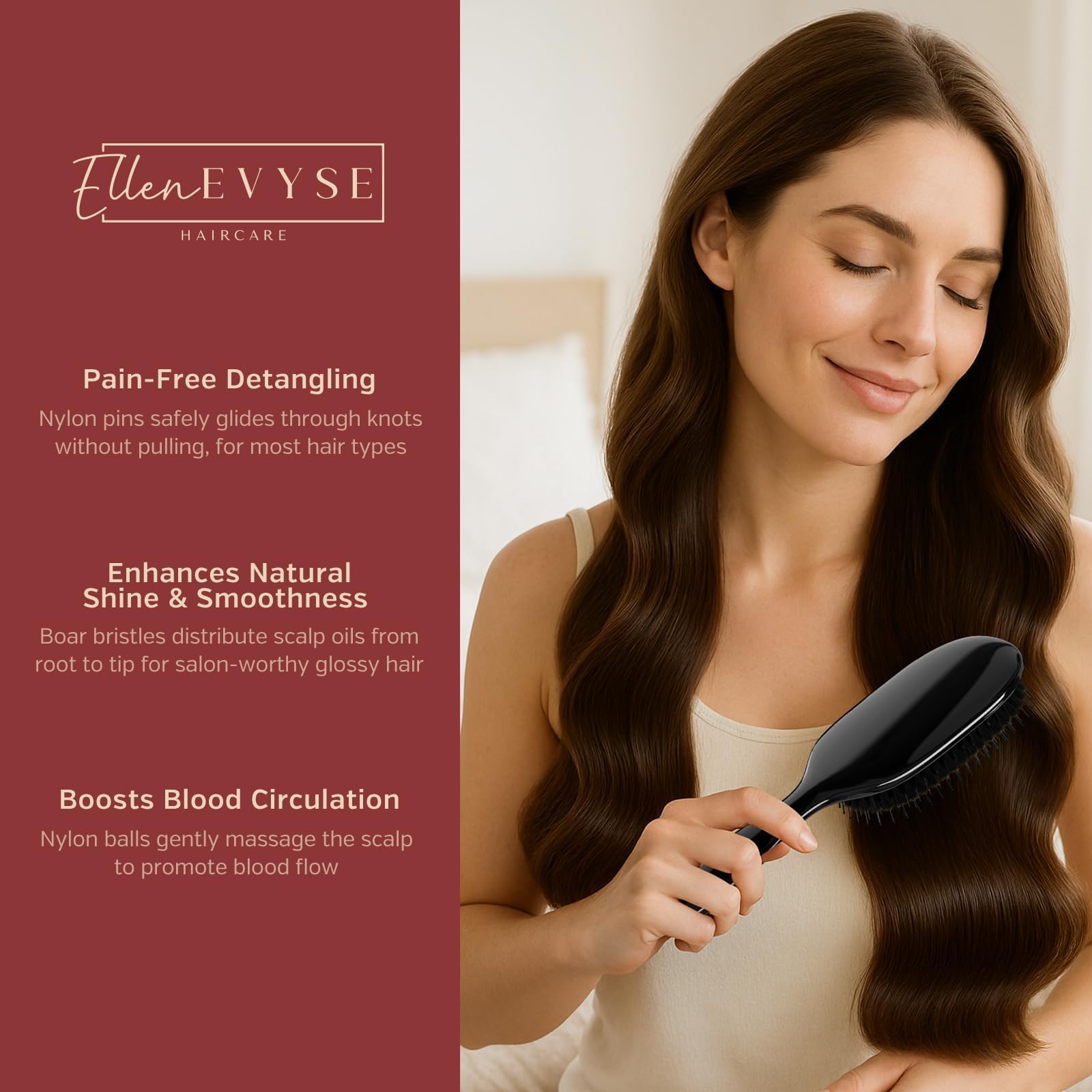Ellen Evyse boar bristle close-up shows air-cushion gentle scalp massage.