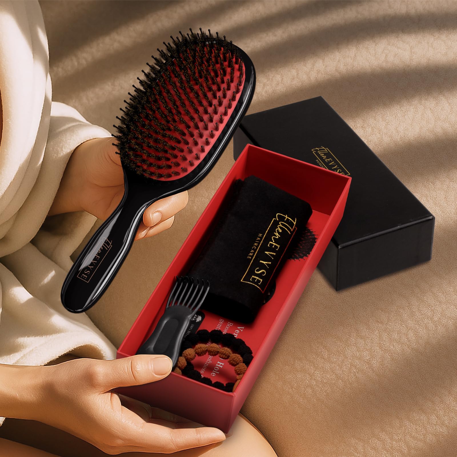 Ellen Evyse brush on scalp demonstrates soothing massage for circulation.