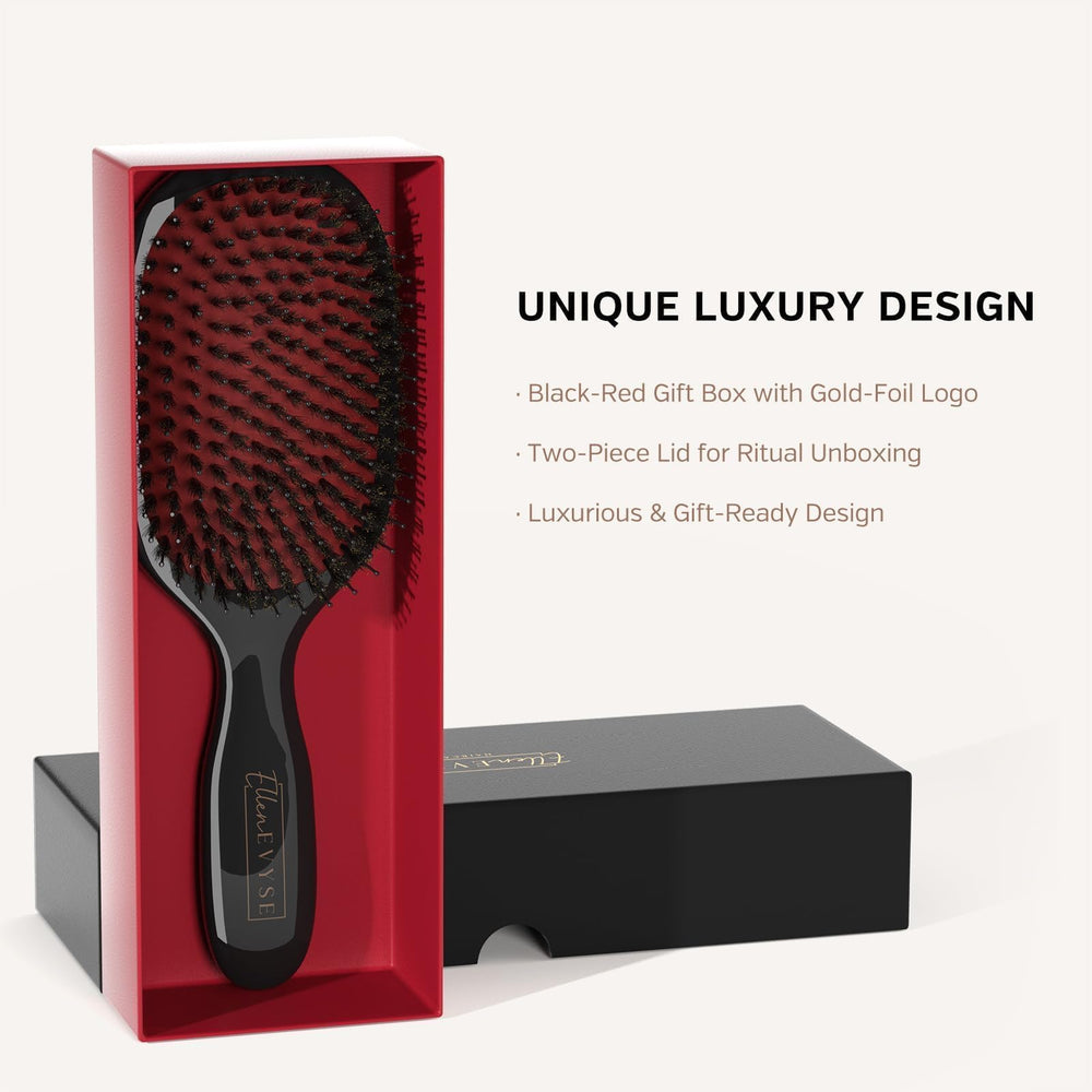 Ellen Evyse brush distributes natural oils from roots to ends.