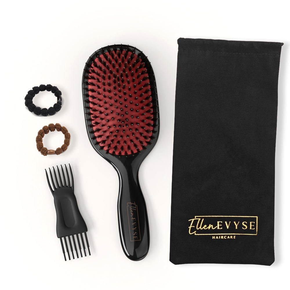Ellen Evyse cleaning tool and hair ties are included for maintenance.