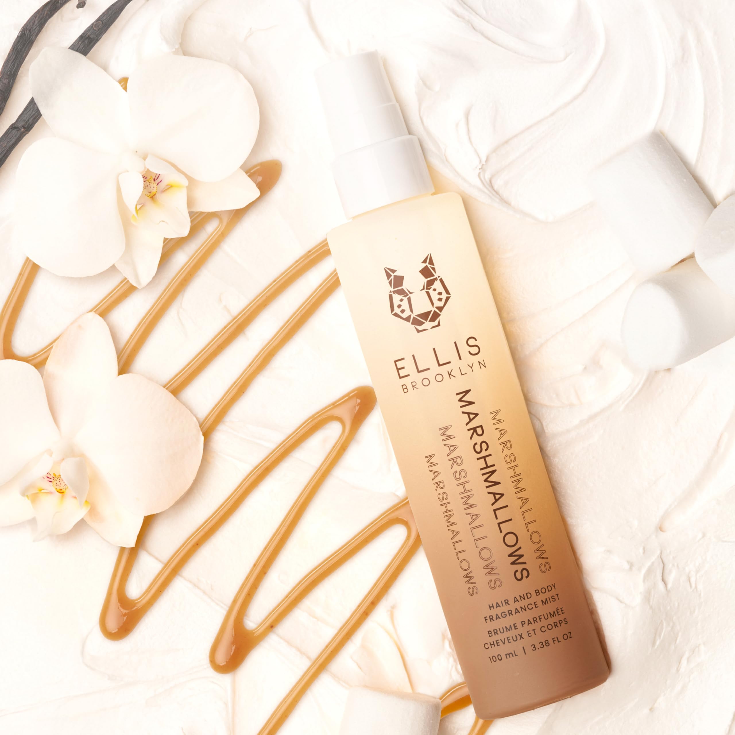Ellis Brooklyn MARSHMALLOWS label close-up emphasizes vegan and cruelty-free promise