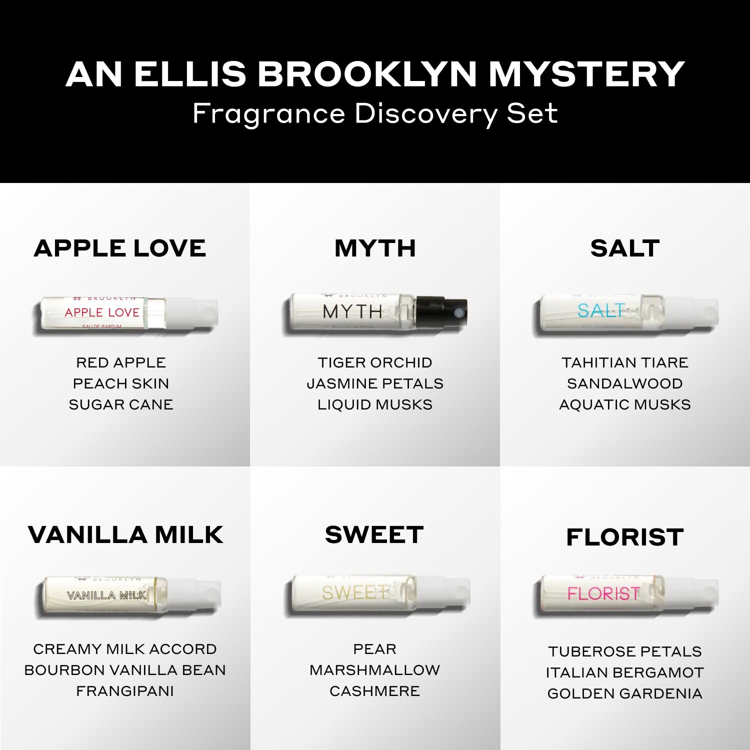 Ellis Brooklyn Mystery discovery pack card enables easy fragrance exploration.