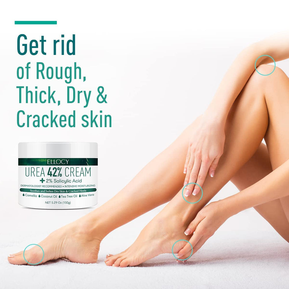 Closeup of Ellocy Urea 40% foot cream texture on skin for smoother heels.