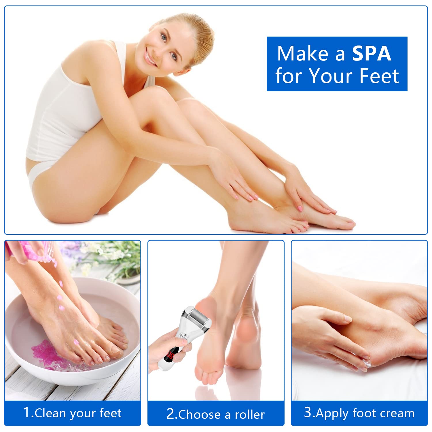 Elmchee foot care after shower scene suggests convenient post-bath use.