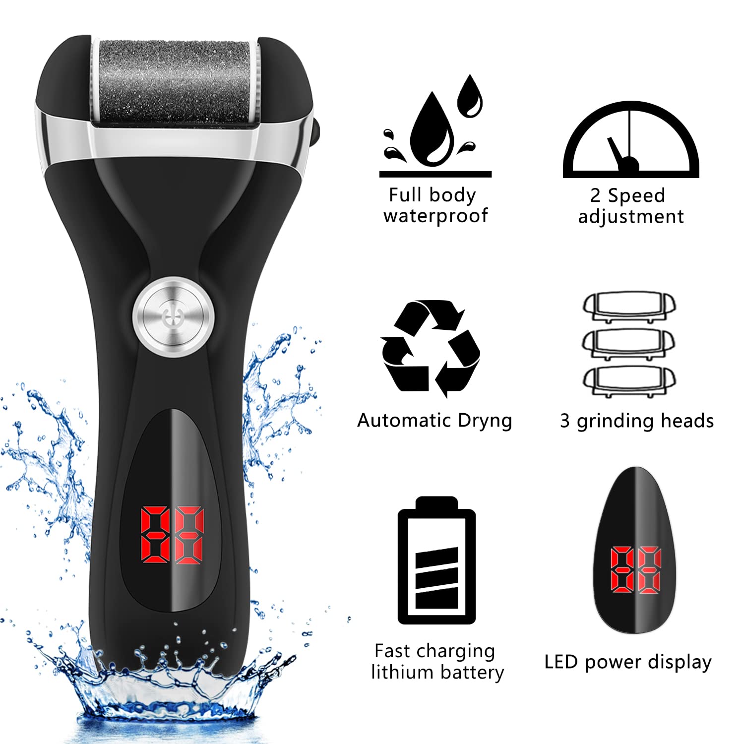 Elmchee electric foot file with 3 heads attached for customized callus removal.
