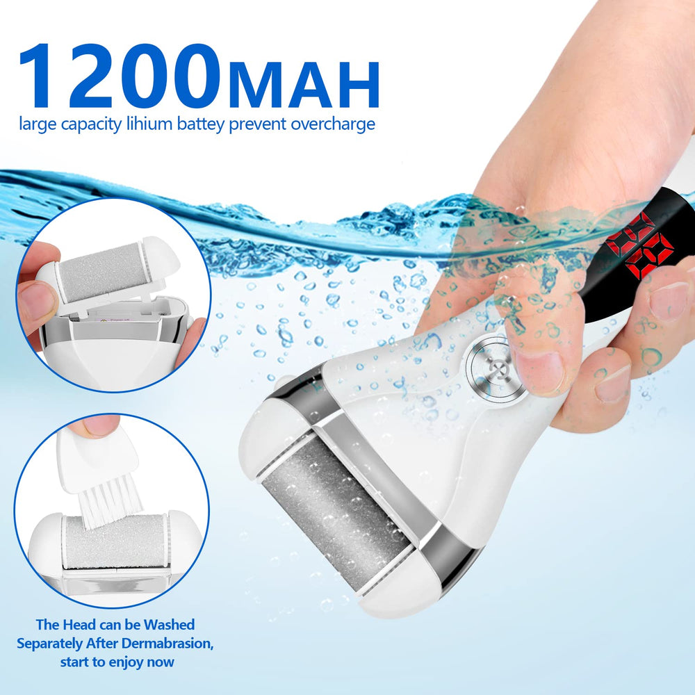 Elmchee rechargeable foot file with USB charging highlights long-lasting power for at-home pedicures.