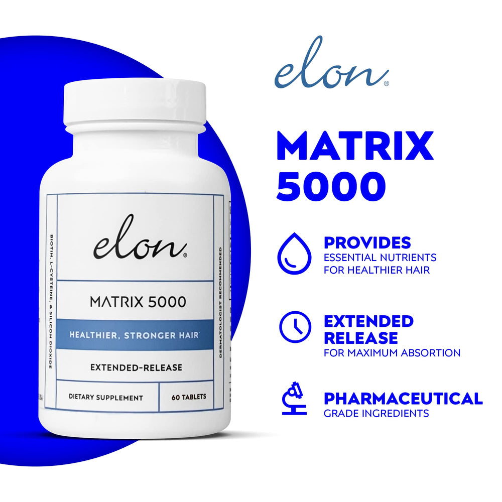 Elon Matrix 5000 capsules showing high-potency biotin content for hair health.