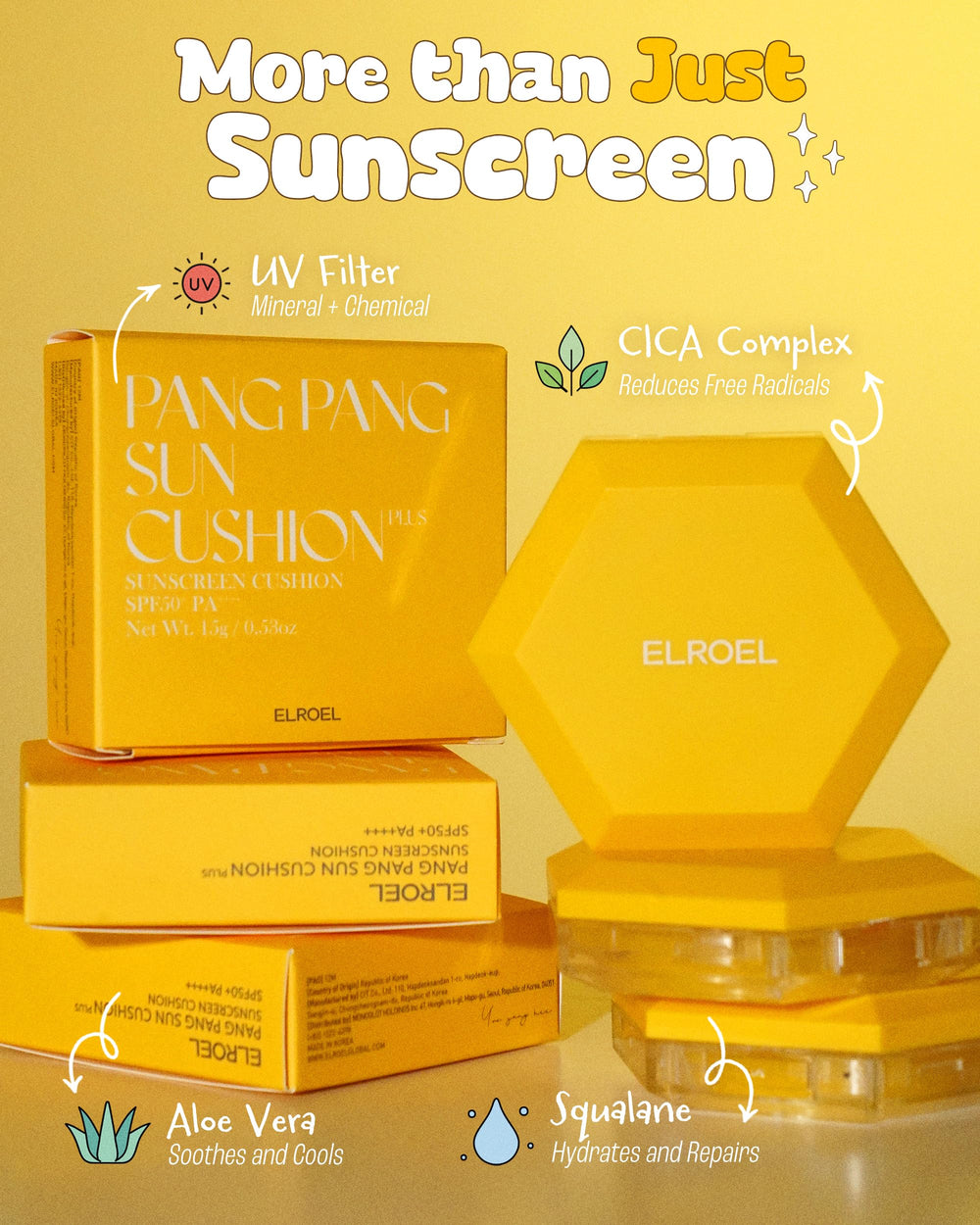 ELROEL Pang Pang Sun Cushion Plus packaging keeps puff clean and spill-proof.