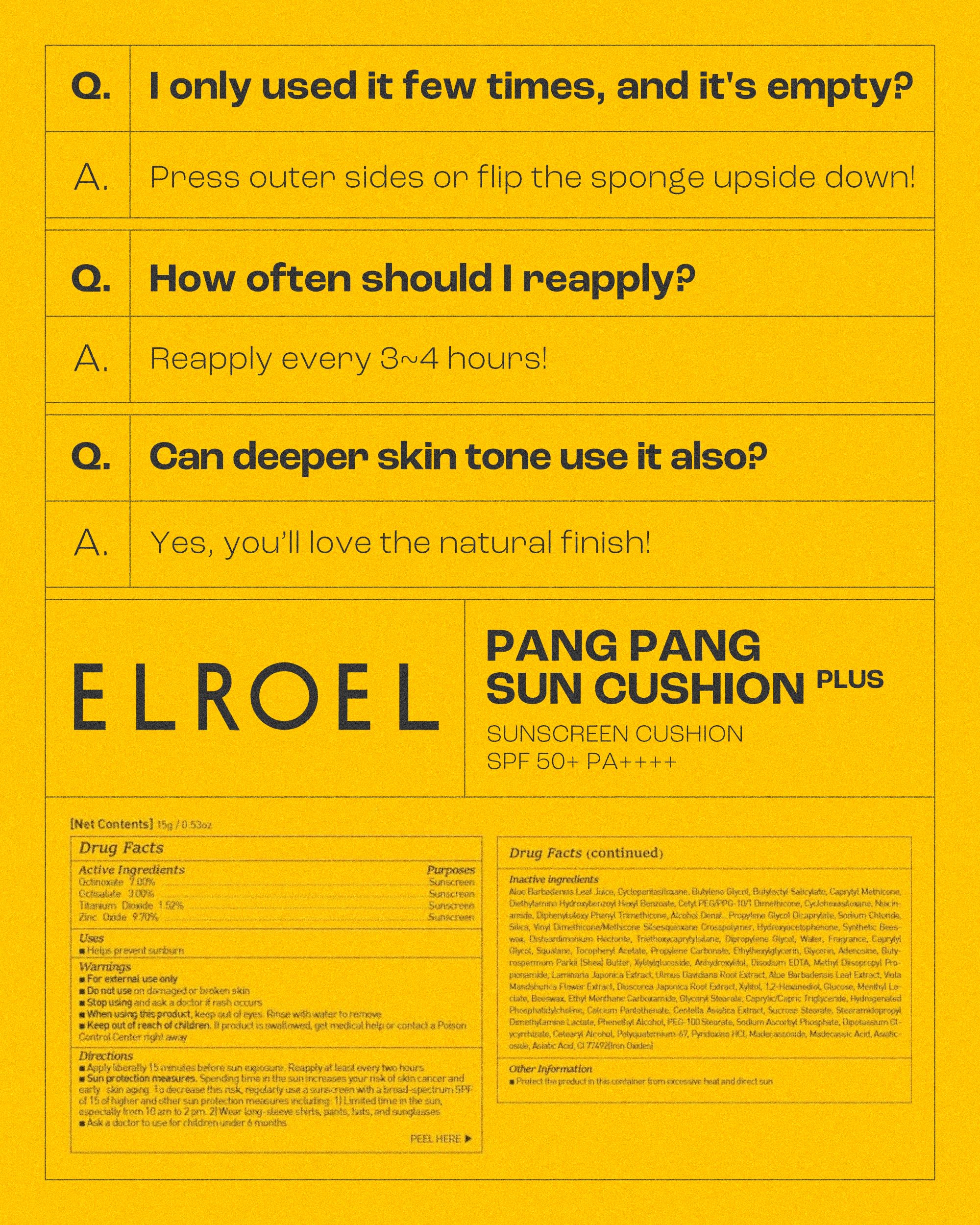 ELROEL Pang Pang Sun Cushion Plus convenient puff allows tidy, mess-free application.