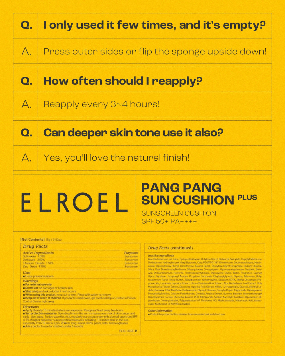 ELROEL Pang Pang Sun Cushion Plus convenient puff allows tidy, mess-free application.