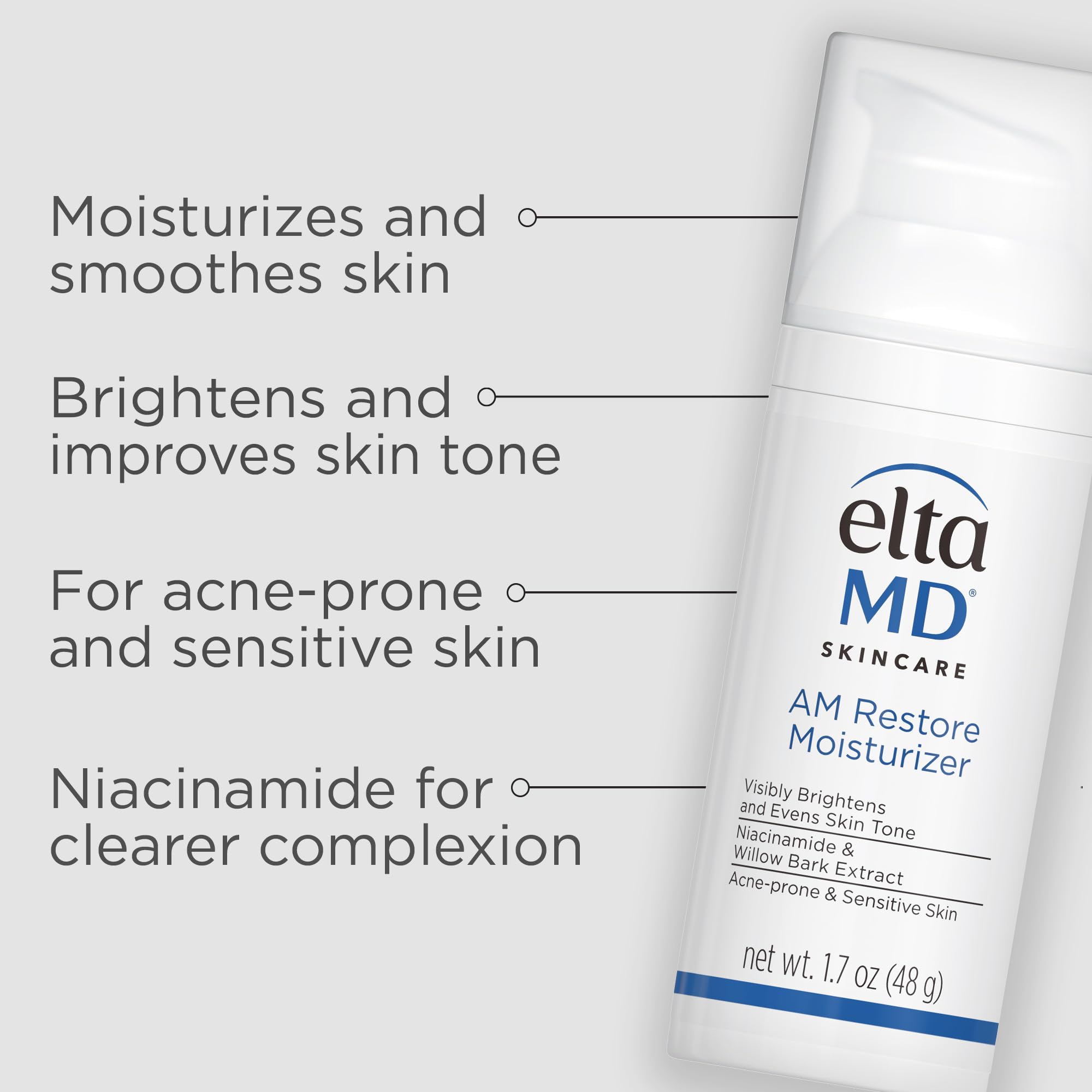 EltaMD AM Restore label closeup highlights fragrance-free, oil-free formula for sensitive skin