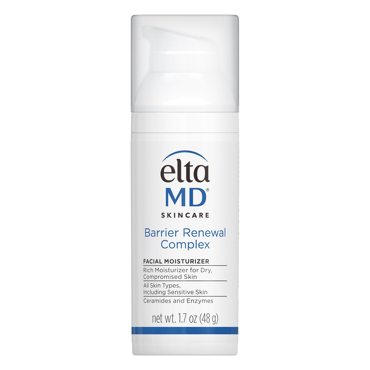 EltaMD Barrier Renewal Complex bottle with pump shows convenient daily hydration for dry skin.