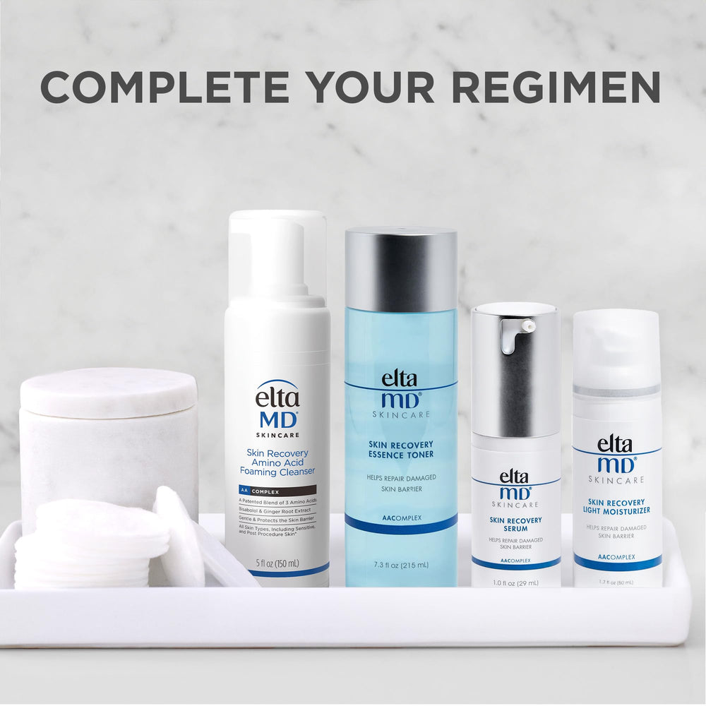 EltaMD hypoallergenic, fragrance-free cleansing routine visual communicating safe daily use.