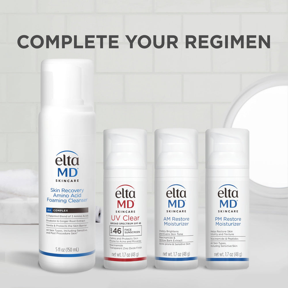 Fragrance-free label on EltaMD PM Restore bottle for sensitive skin.