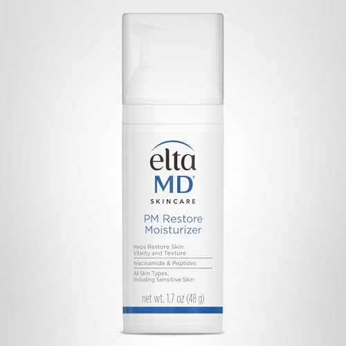 Nighttime routine with EltaMD PM Restore in a bathroom setting.