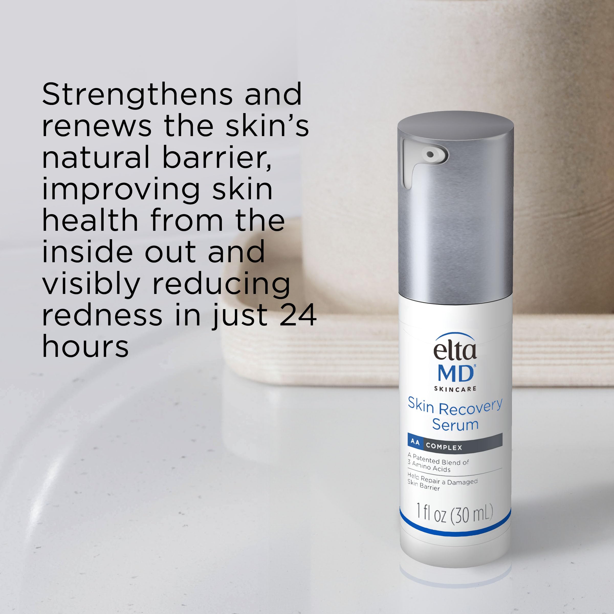 EltaMD Skin Recovery Face Serum drops on hand illustrate lightweight hydration for redness-prone skin.