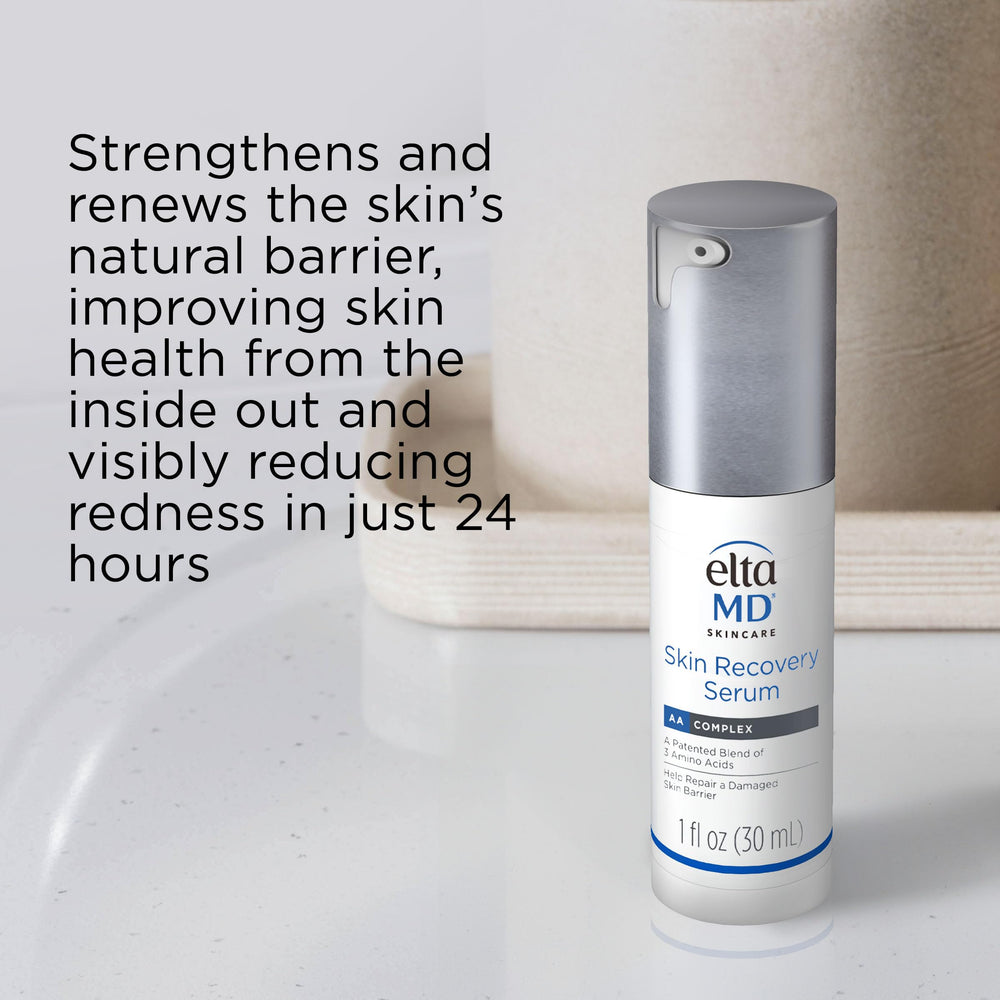 EltaMD Skin Recovery Face Serum drops on hand illustrate lightweight hydration for redness-prone skin.