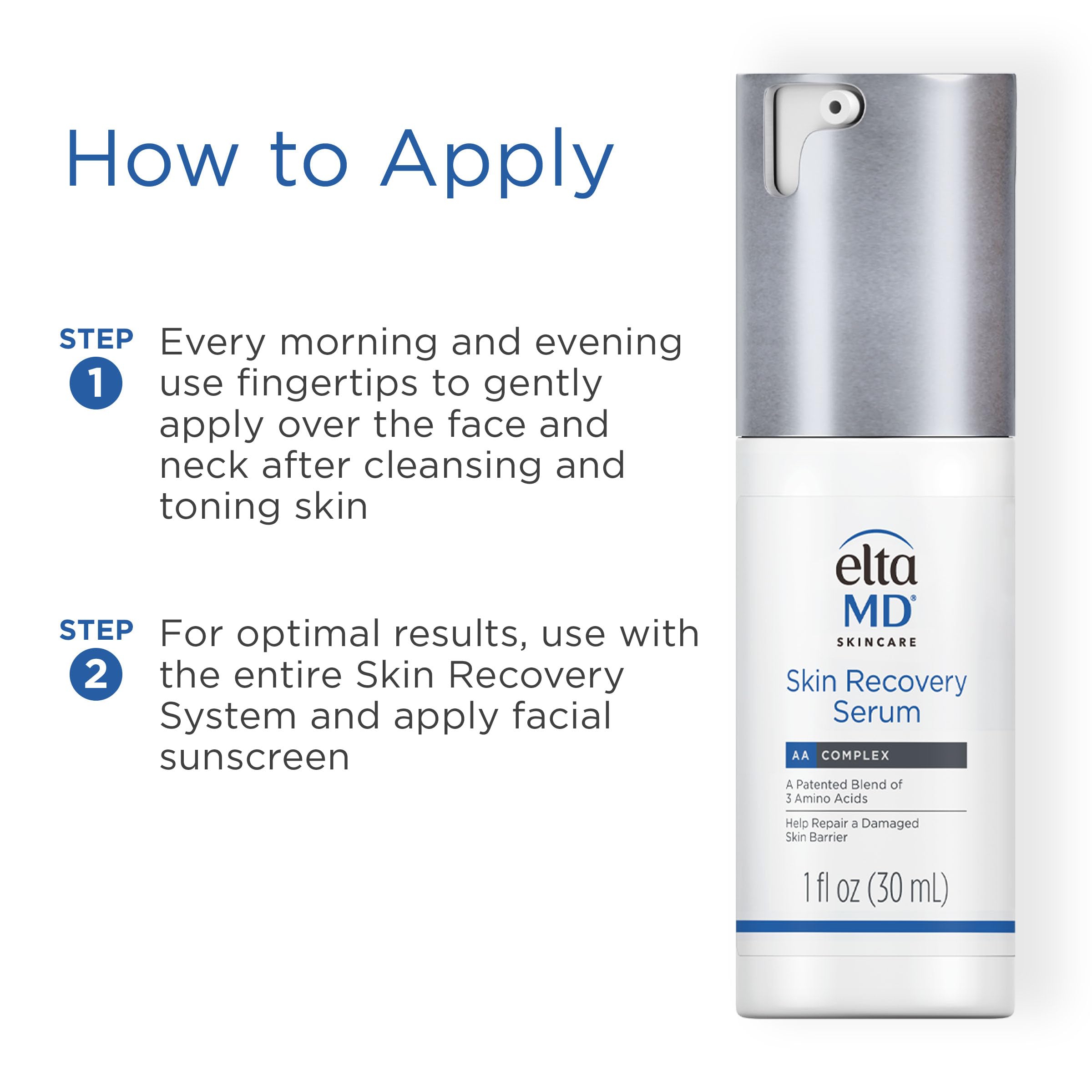 EltaMD Skin Recovery Face Serum hyaluronic-acid visual highlights deep hydration for daily skin health.