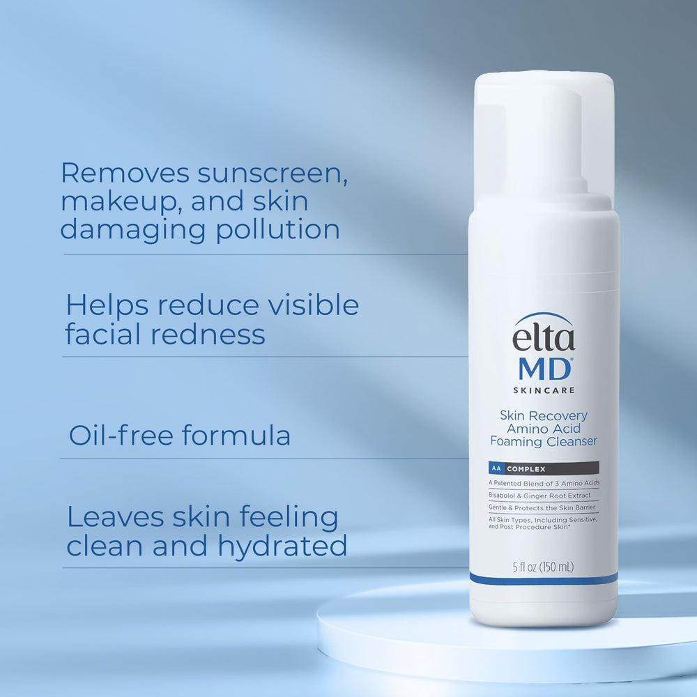 EltaMD Skin Recovery foaming cleanser lather shows mild cleansing suitable for sensitive skin.