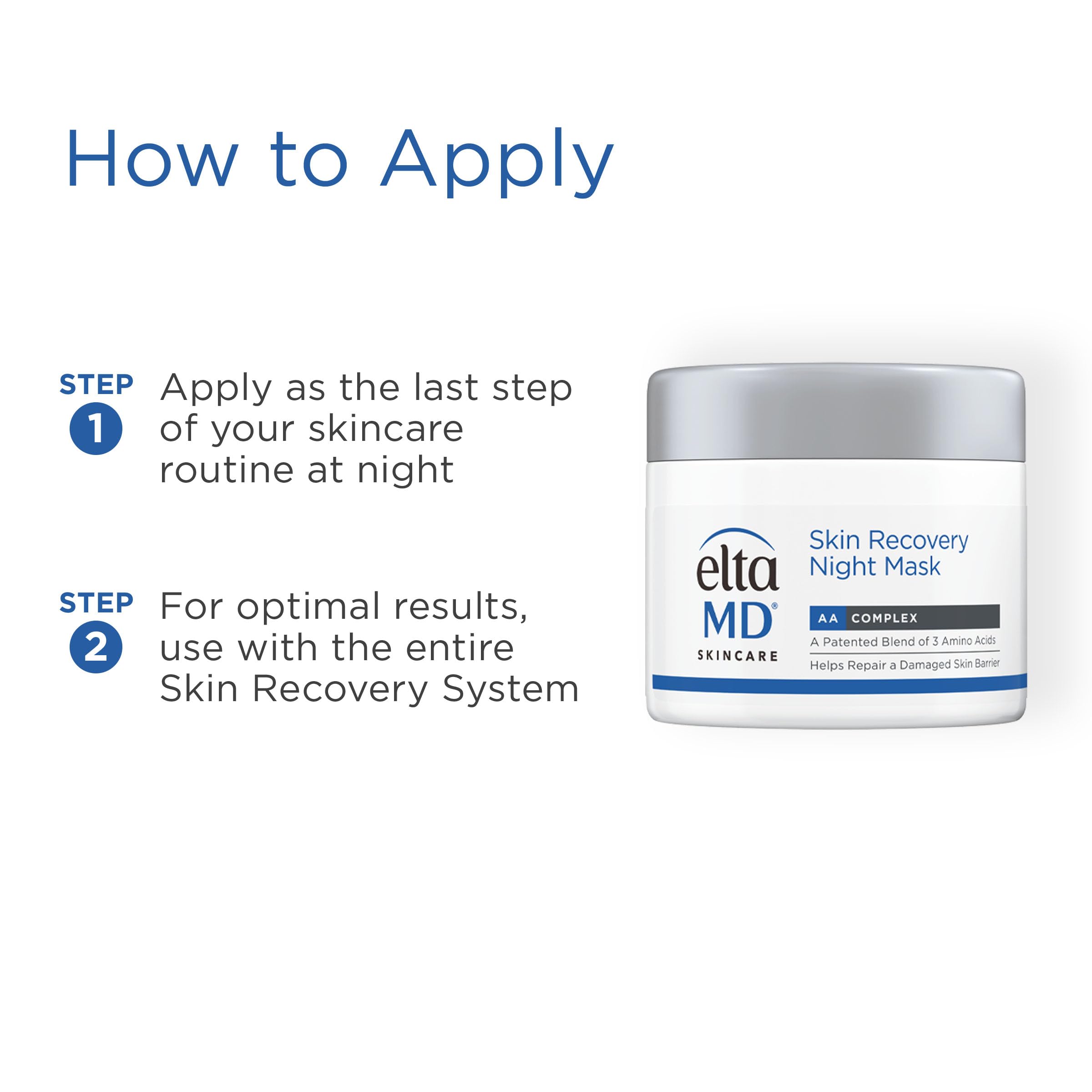 Ingredients panel shows antioxidants and peptides in EltaMD Skin Recovery Night Mask.