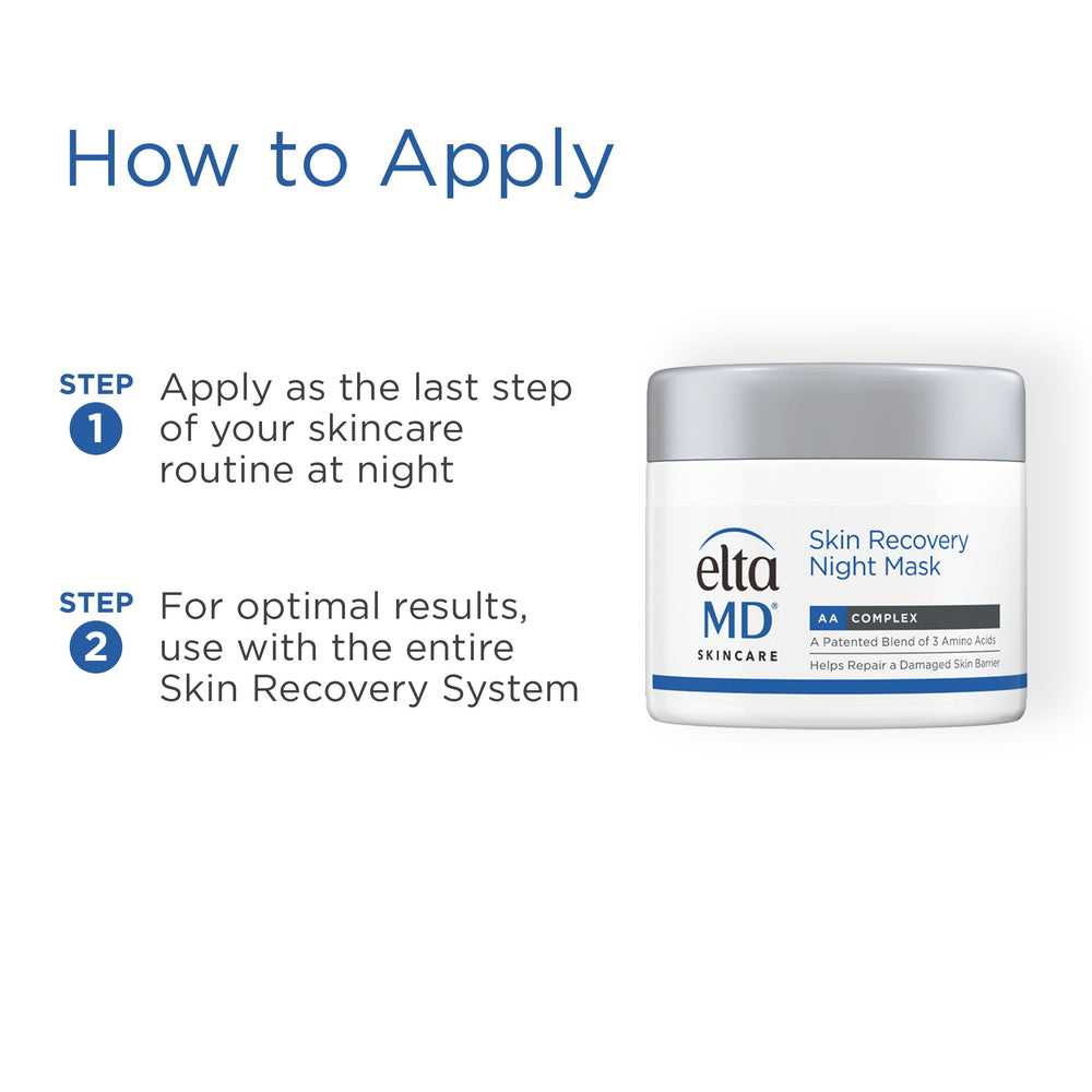 Ingredients panel shows antioxidants and peptides in EltaMD Skin Recovery Night Mask.