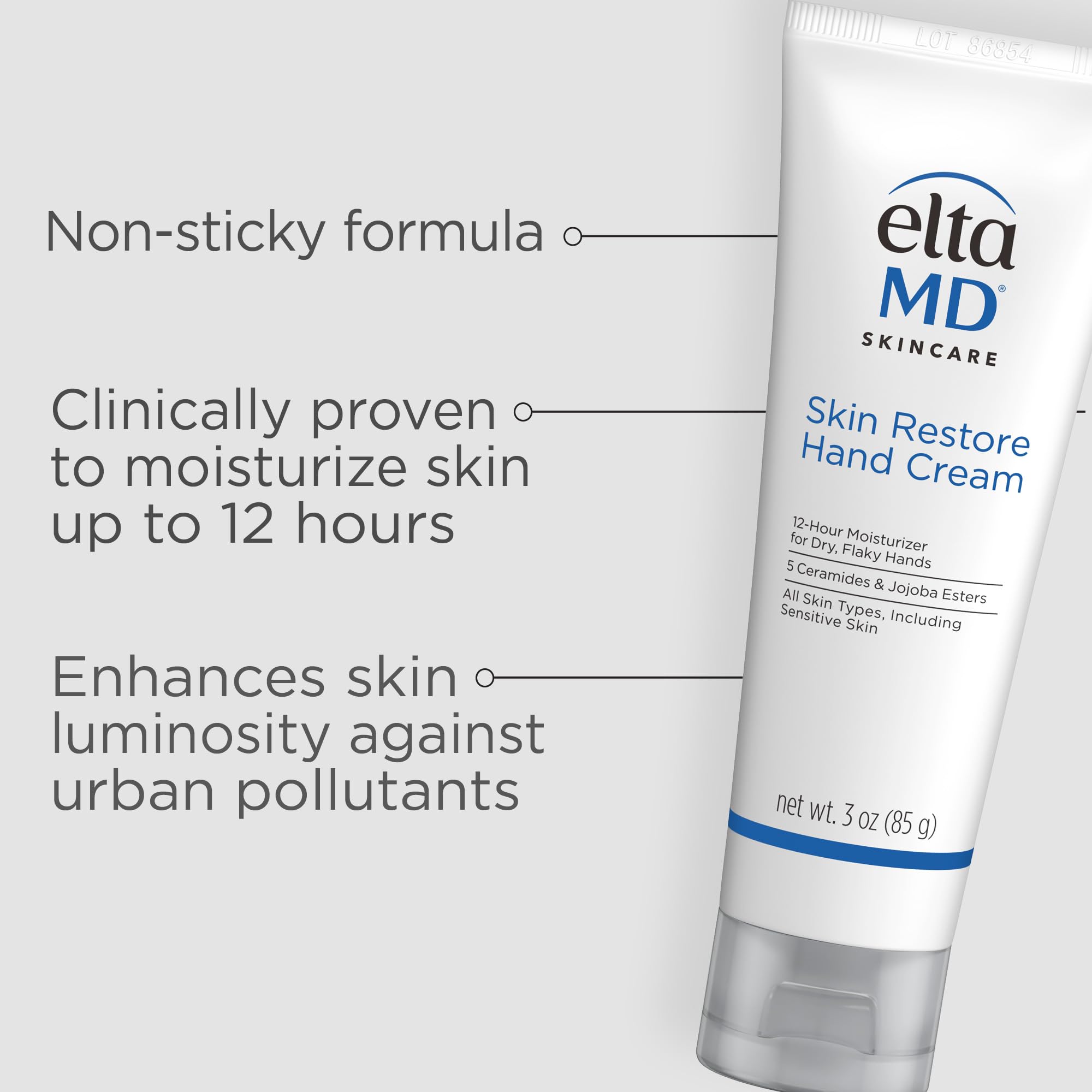 Applying EltaMD Skin Restore Hand Cream on the hand highlights quick absorption after washing.