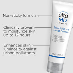 Applying EltaMD Skin Restore Hand Cream on the hand highlights quick absorption after washing.