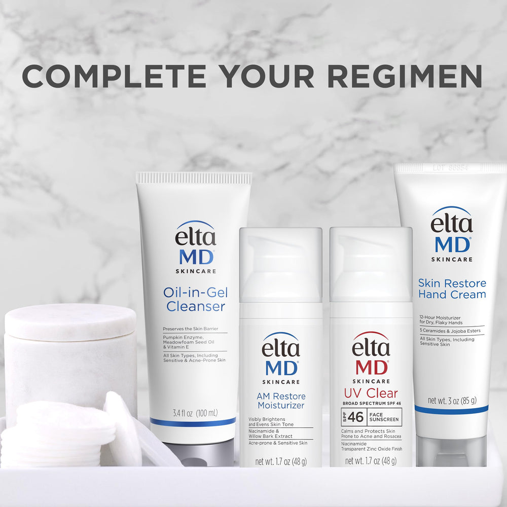 Fragrance-free EltaMD Skin Restore Hand Cream label signals suitability for sensitive skin.