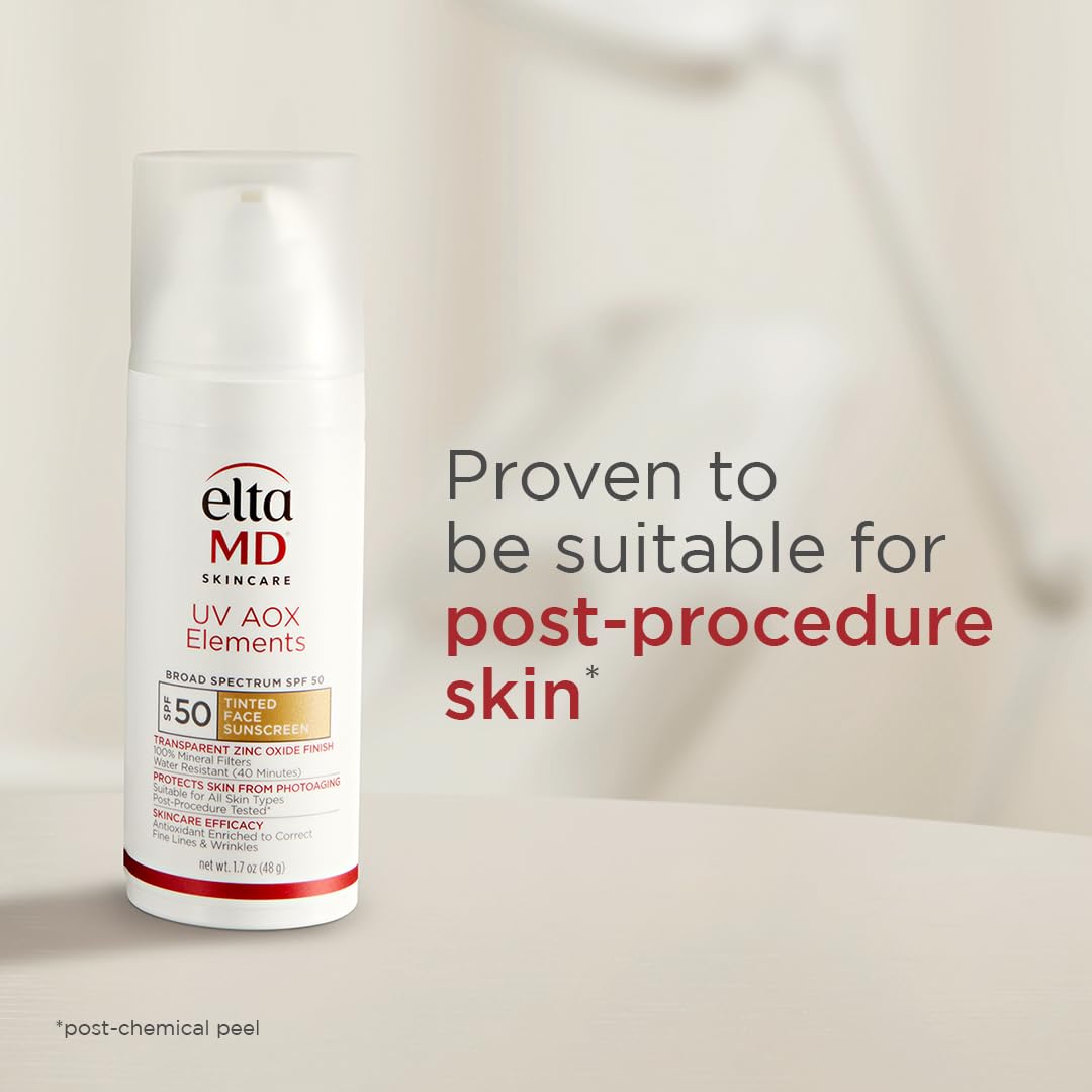 EltaMD UV AOX Elements bisabolol-calmed redness shown on cheek.