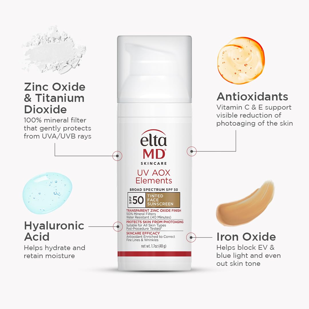 EltaMD UV AOX Elements tinted sunscreen blur on face for even tone.