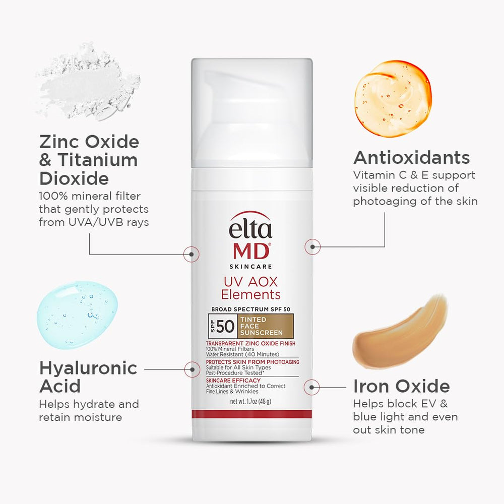 EltaMD UV AOX Elements tinted sunscreen blur on face for even tone.