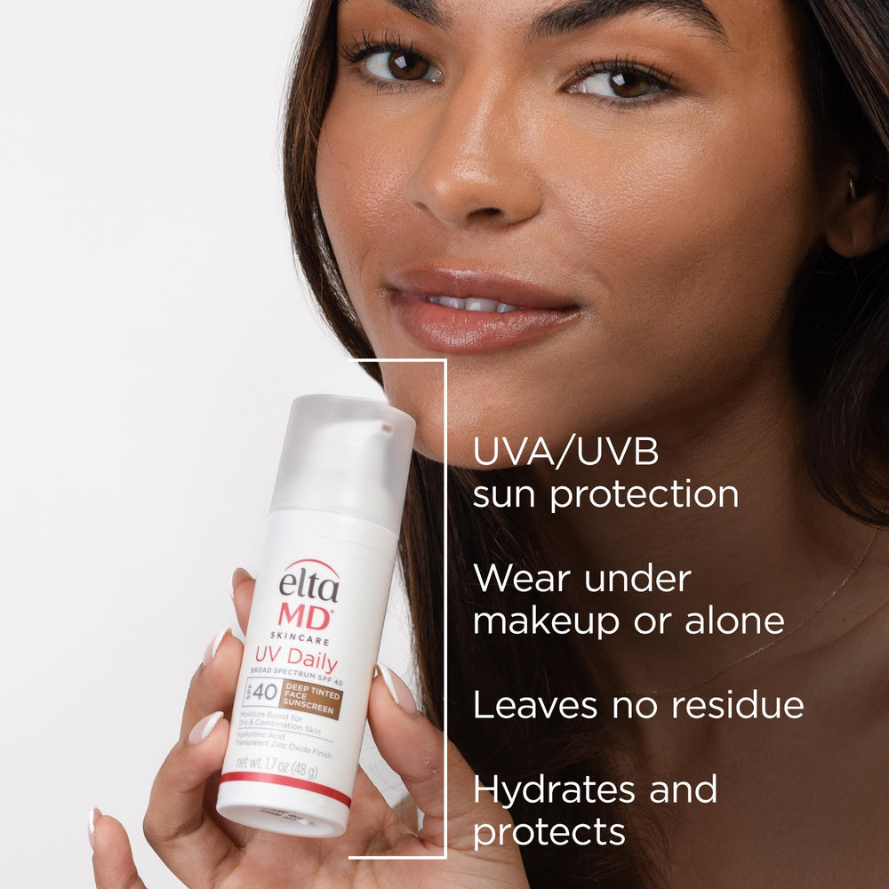 EltaMD UV Daily Deep Tint SPF40 label highlights broad-spectrum protection