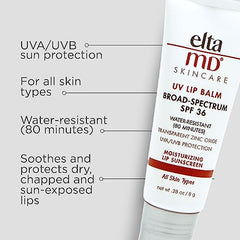 EltaMD UV Lip Balm tube close-up highlighting transparent zinc oxide protection for natural lip color.