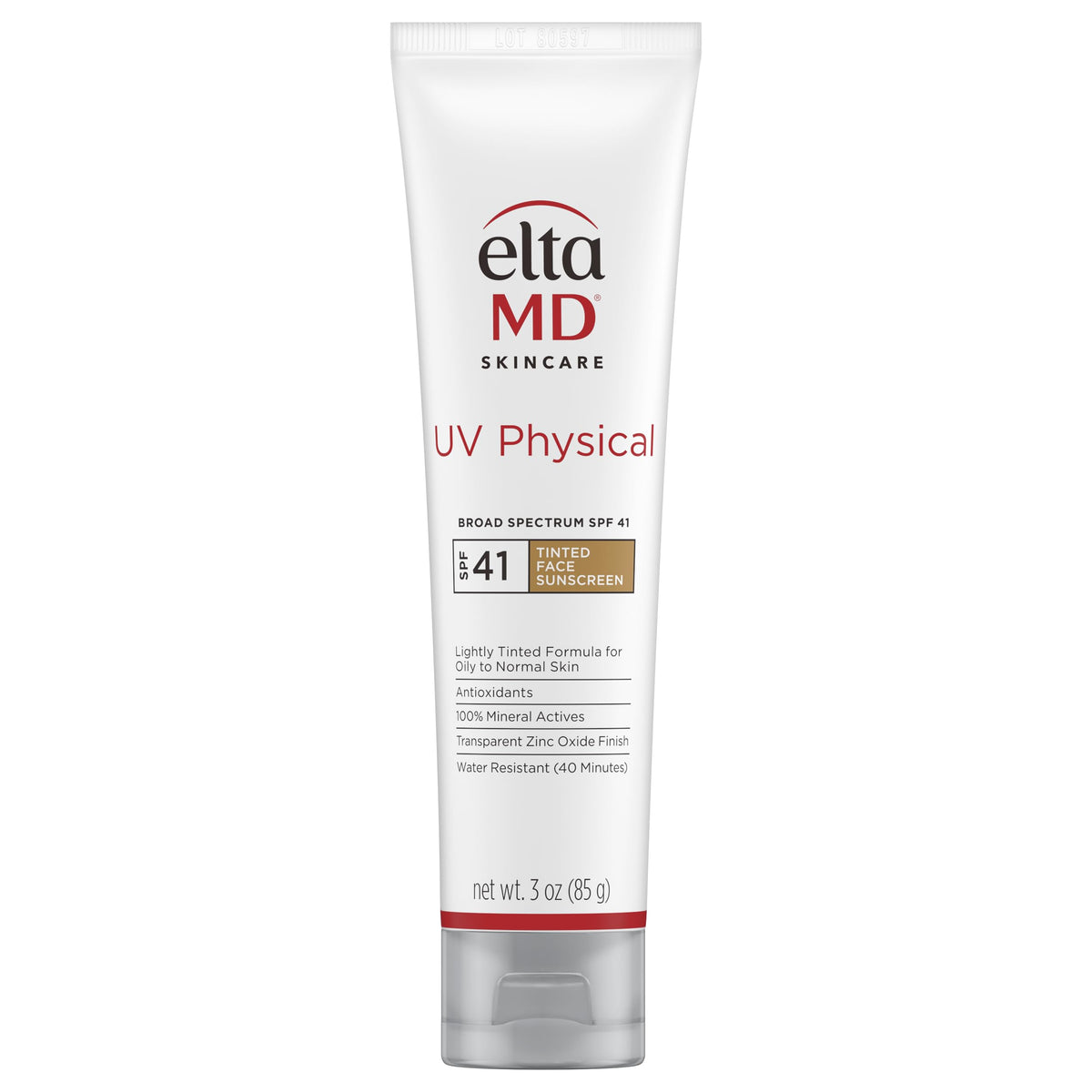 EltaMD UV Physical tinted sunscreen bottle offers mineral SPF 41 for everyday facial protection