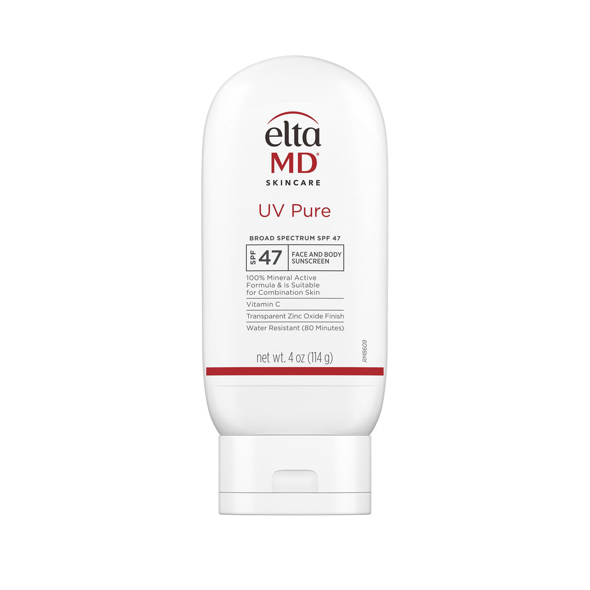 EltaMD UV Pure bottle front demonstrates family-friendly mineral sunscreen.