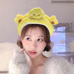 Eluckya Kawaii spa headband wash face use demonstrates hair away from face during cleansing.