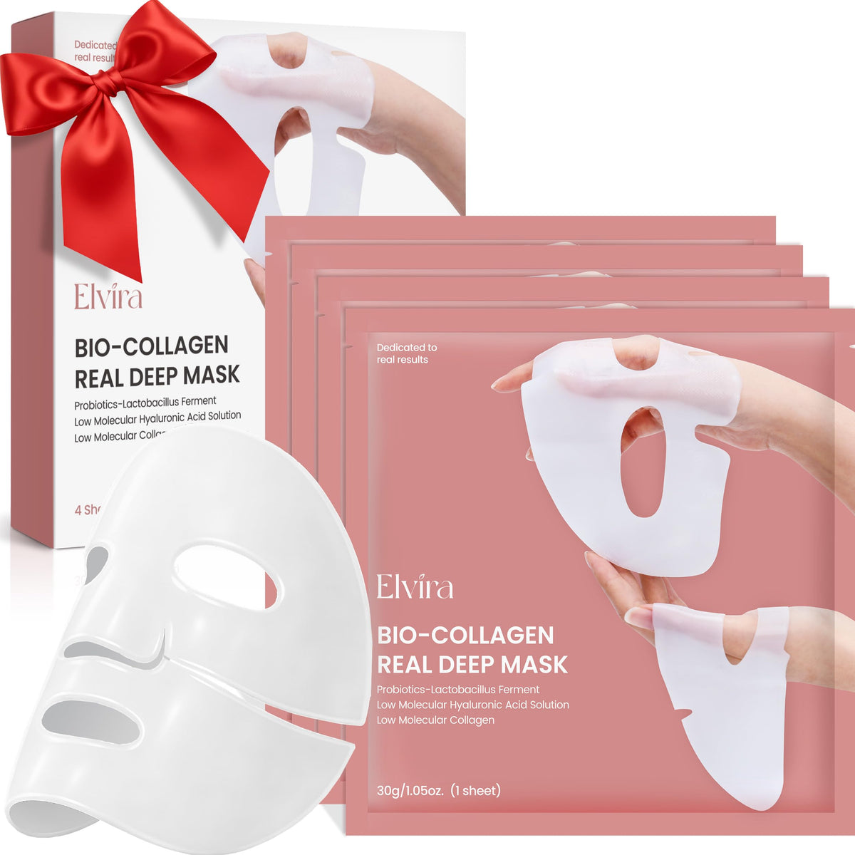 Elvira Bio-Collagen Real Deep Mask packshot shows four-pack packaging for convenient hydration