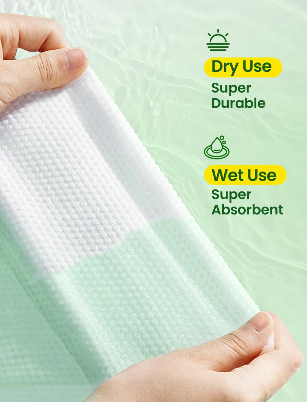 Elvira biodegradable material closeup emphasizes planet-friendly towels for daily cleansing.